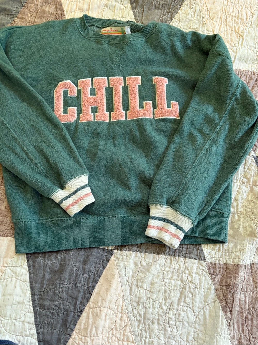 Chill Green Crewneck Sweatshirt with Pink Lettering - Girl’s Casual Pullover